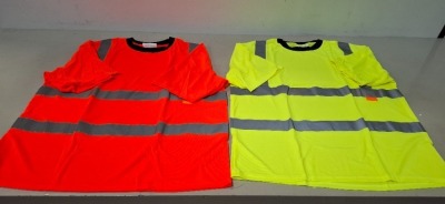 100 X BRAND NEW MIXED HEALTH AND SAFETY CLOTHING LOT CONTAINING ST WORKWEAR HI-VIS T-SHIRT IN YELLOW AND ORANGE IN SIZES 2XL, 3XL AND 4XL, CREATE AND DESTROY HI-VIS SHORT SLEEVED T-SHIRT IN YELLOW IN SIZES S AND L, BE SWIFT WAISTCOAT IN ORANGE AND YELLOW
