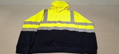 100 X BRAND NEW MIXED HEALTH AND SAFETY CLOTHING LOT INCLUDING, AVIATOR LONDON LONG SLEEVE POLO SHIRT IN GREEN / GREY IN SIZE SMALL, AVIATOR LONG SHORT SLEEVE POLO SHIRT IN ORANGE AND GREY / GREEN AND NAVY IN SIZE S, HI- VIS HOODIE IN GREEN AND NAVY IN SI