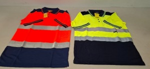 100 X BRAND NEW MIXED HEALTH AND SAFTEY CLOTHING LOT CONTAINING, AVIATOR LONDON SHORT SLEEVE HI-VIS SHIRTS IN ORANGE IN SIZE XXL, AVIATOR LONDON LONG SLEEVE POLO SHIRT IN GREEN / NAVY, GREEN / GREY, ORANGE / GREY IN SIZES S, L ,XL, 3XL, ARCTIC STORM WATE