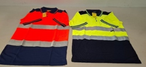 100 X BRAND NEW MIXED HEALTH AND SAFTEY CLOTHING LOT CONTAINING, AVIATOR LONDON SHORT SLEEVE HI-VIS SHIRTS IN ORANGE IN SIZE XXL, AVIATOR LONDON LONG SLEEVE POLO SHIRT IN GREEN / NAVY, GREEN / GREY, ORANGE / GREY IN SIZES S, L ,XL, 3XL, ARCTIC STORM WATE