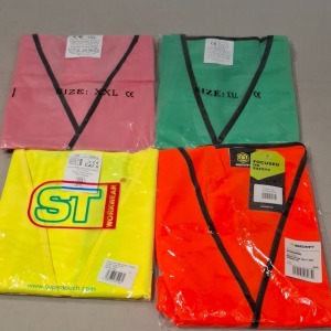 100 X BRAND NEW MIXED HEALTH AND SAFETY CLOTHING LOT CONTAINING BE SWIFT HI-VIS JACKET IN YELLOW, ORANGE, IN SIZE, 2XL, 3XL, 4XL, HI-VIS IN BLACK, PINK AND GREEN IN SIZES S, M, XL, 2XL, 3XL, IN 1 TUB (TUB NOT INCLUDED)