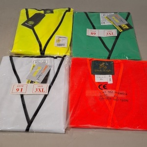 100 X BRAND NEW MIXED HEALTH AND SAFETY CLOTHING LOT CONTAINING BE SWIFT HI-VIS JACKET IN YELLOW AND ORANGE SIZES S, M 2XL, 3XL, 4XL, HI-VIS IN BLACK, PINK,GREEN AND WHITE IN SIZES M, L, XL, 2XL ETC IN 1 TUB (TUB NOT INCLUDED)