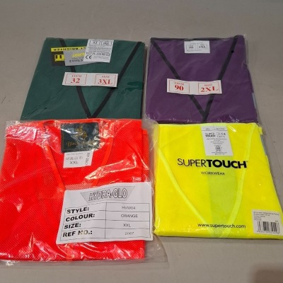 100 X BRAND NEW MIXED HEALTH AND SAFETY CLOTHING LOT INCLUDING, ORBIT INTERNATIONAL HI-VIS IN ORANGE IN SIZES, M AND L, BE SWIFT EXECUTIVE VEST IN ORANGE IN SIZES, M, XL, 4XL AND 5XL, BLACK KNIGHT HI-VIS IN ORANGE IN SIZES, XL, 2XL IN 1 TUB (TUB NOT INCLU