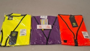 100 + BRAND NEW MIXED HEALTH AND SAFETY CLOTHING LOT CONTAINING BESWIFT VEST IN YELLOW AND ORANGE IN SIZES 2XL, 3XL, 4XL, HI-VIS IN PURPLE IN 2XL IN 1 BAG