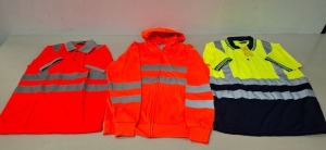 100 + BRAND NEW MIXED HEALTH AND SAFETY CLOTHING LOT CONTAINING, ST WORKWEAR HI-VIS STANDARD PARKA IN ORANGE AND NAVY IN SIZE 3XL, AVIATOR LONDON LONG SLEEVE POLO T-SHIRT IN GREEN / NAVY, ORANGE / GREY IN SIZES S AND XL, CREATE AND DESTROY HI-VIS TROUSERS
