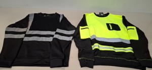 100 + BRAND NEW MIXED HEALTH AND SAFETY CLOTHING LOT CONTAINING, AVIATOR LONDON MENS DOUBLE TONE SWEATSHIRT IN ORANGE / NAVY, GREEN / NAVY, IN SIZES 2XL AND 3XL, GRANDADS LITTLE HELPER HI-VIS IN PINK, CREATE AND DESTROY TROUSERS IN ORANGE / NAVY IN SIZE 3