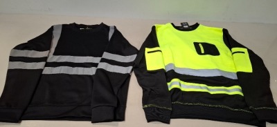 100 + BRAND NEW MIXED HEALTH AND SAFETY CLOTHING LOT CONTAINING, AVIATOR LONDON MENS DOUBLE TONE SWEATSHIRT IN ORANGE / NAVY, GREEN / NAVY, IN SIZES 2XL AND 3XL, GRANDADS LITTLE HELPER HI-VIS IN PINK, CREATE AND DESTROY TROUSERS IN ORANGE / NAVY IN SIZE 3