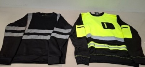 100 + BRAND NEW MIXED HEALTH AND SAFETY CLOTHING LOT CONTAINING, AVIATOR LONDON MENS DOUBLE TONE SWEATSHIRT IN ORANGE / NAVY, GREEN / NAVY, IN SIZES 2XL AND 3XL, GRANDADS LITTLE HELPER HI-VIS IN PINK, CREATE AND DESTROY TROUSERS IN ORANGE / NAVY IN SIZE 3