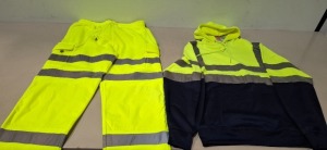100 X BRAND NEW MIXED HEALTH AND SAFETY CLOTHING LOT CONTAINING CREATE AND DESTROY HI-VIS TWO TONED JOGGERS IN YELLOW IN SIZES S AND XXXL , MODE HI-VIS HOODIE IN YELLOW/NAVY IN SIZE XL , CREATE AND DESTROY SWEATSHIRT PULLOVER IN BLACK IN SIZES S , M , L ,