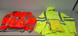70 + BRAND NEW MIXED HEALTH AND SAFETY CLOTHING LOT CONTAINING AVIATOR LONDON DOUBLE TONE TROUSER IN GREEN / NAVY IN SIZES S AND XL, CREATE AND DESTROY ZIPPED HOODIE IN ORANGE IN SIZES M, XL, 2XL, 3XL, AVIATOR LONDON DOUBLE TONE PULL OVER HOODIE IN GREEN 