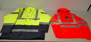 33 X BRAND NEW MIXED HEALTH AND SAFETY CLOTHING LOT INCLUDING, AVIATOR LONDON SINGLE TONE ZIPPED HOODIE IN ORANGE IN SIZE S, CREATE AND DESTROY TWO TONE PARKA IN YELLOW AND NAVY IN SIZES S, M, L, ST WORKWEAR TWO TONE PARKA HI-VIS IN ORANGE AND NAVY IN SIZ