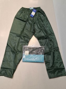 60 X BRAND NEW CLOTHING LOT CONTAINING ARCTIC STORM WATERPROOF TROUSERS IN OLIVE IN SIZES S AND 2XL IN 1 BOX