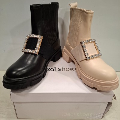 21 X IDEAL SHOES WOMANS ANKLE BOOTS WITH BUCKLED DESIGN IN BLACK AND BEIGE IN SIZE 4UK, 5UK, 6UK AND 7UK