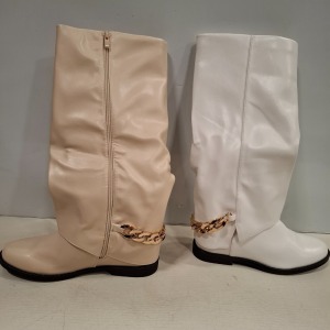 17 X BRAND NEW IDEAL SHOES WOMENS HIGH BOOTS WITH SIDE ZIP IN BEIGE AND WHITE IN VARIOUS SIZES, 3UK, 4UK, 5UK, 6UK, 7UK