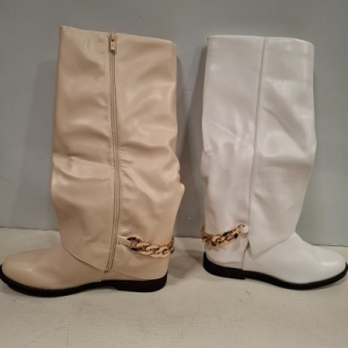 17 X BRAND NEW IDEAL SHOES WOMENS HIGH BOOTS WITH SIDE ZIP IN BEIGE AND WHITE IN VARIOUS SIZES, 3UK, 4UK, 5UK, 6UK, 7UK