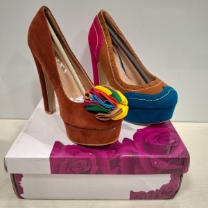 12 X JOXY NEW STYLE HIGH HEELED WOMANS SHOES 11 IN BROWN / MULTI COLOURED AND 1 IN PINK BROWN AND BLUE ALL IN SIZE EU 35