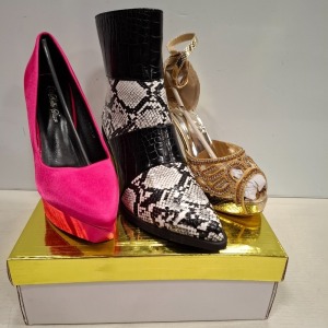 45 X MIXED WOMENS SHOES IN VARIOUS DESIGNS I.E BELLA STAR HIGH HEELS IN FUCHSIA AND BEIGE IN SIZES 4UK, 6UK AND 7UK, POTI PATI GOLDEN HIGH HEEL IN SIZE 3UK, BELLA STAR POINTED BOOT IN BLACK AND WHITE IN SIZE 3UK, CINK ME HEELED ANKLE BOOT WITH SIDE ZIP IN