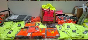 150 + X BRAND NEW MIXED HEALTH AND SAFETY CLOTHING LOT TO INCLUDE GRANDMAS LITTLE HELPERS HI VIS - AVIATOR YELLOW AND ORANGE HI VIS POLO SHIRTS - AVIATOR CREW NECK YELLOW HI VIS T SHIRTS - AVIATOR ORANGE HI VIS CREW NECK T SHIRTS - YELLOW HI VIS SHORTS 