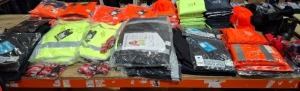 100 + X BRAND NEW MIXED HEALTH AND SAFETY CLOTHING LOT TO INCLUDE AVIATOR BLACK HI VIS SWEATSHIRTS - CREATE AND DESTROY BLACK HI VIS BOMBER JACKETS - AVIATOR YELLOW HI VIS HOODIES - AVIATOR ORANGE HI VIS T SHIRTS - CREATE AND DESTROY ORANGE HI VIS POLO SH