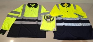 100 X BRAND NEW MIXED HI VIS T-SHIRT LOT TO INCLUDE AVIATOR DOUBLE TONE YELLOW HI VIS T-SHIRTS - CREATE AND DESTROY DOUBLE TONE YELLOW HI VIS POLO SHIRTS - AVIATOR DOUBLE TONE HI VIS POLO SHIRTS ALL IN VARIOUS SIZES IN 3 BOXES