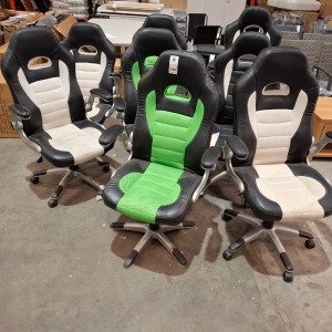 8 X USED DESK CHAIRS IN WHITE/BLACK AND GREEN / BLACK (NOTE SOME STAINS BUT STILL FUNCTIONAL )