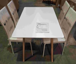 1 X STUDIO DINING SET IN WHITE LOT CONTAINING 4 CHAIRS IN SIZE W 42 X D X 51 X H 96 AND ONE TABLE IN SIZE 120 X 75 X 75