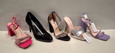 45 X BRAND NEW MIXED FOOTWEAR LOT TO INCLUDE QUEEN VIVI BLACK HEELED SHOES - LA BOTTINE SILVER HEELED SHOES - LA BOTTINE PURPLE HEELED SHOES - IDEAL SHOES LEMON HEELED SHOES - BLACK HIGH HEELS ETC ALL IN VARIOUS SIZES