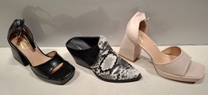 38 X BRAND NEW MIXED FOOTWEAR LOT TO INCLUDE CINK ME PINK HEELED SHOES - CINK ME BLACK HEELED SHOES - CINK ME BIEGE HIELD SHOES - IDEAL SHOES SNAKE PRINT HEELED SHOES ALL IN VARIOUS SIZES