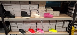 55 X BRAND NEW MIXED FOOTWEAR LOT TO INCLUDE JOIA ROSE RED SUEDE STYLE SHOES - BLACK ANKLE BOOTS - CREAM ANKLE BOOTS - BLACK LACED BOOTS - YELLOW TRAINERS - PINK TRAINERS - BLACK TRAINERS ETC ALL IN VARIOUS SIZES ON 2 SHELVES