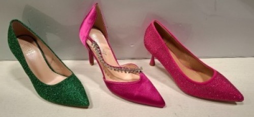 36 X BRAND NEW MIXED FOOTWEAR LOT TO INCLUDE QUEEN LINA FUSCHIA HEELED SHOES - BELLIUCI BLACK HEELED SHOES - ERYNN GREEN HEELED SHOES ALL IN VARIOUS SIZES