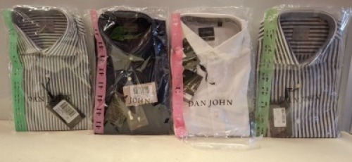 20 X BRAND NEW MIXED DAN JOHN SHIRT LOT TO INCLUDE PIQUET WHITE SHIRTS - OXFORD WHITE SHIRTS - GREY STRIPE SHIRTS - OXFORD NAVY SHIRTS ETC IN SIZES 40-42-43 ETC RRP-&pound;39.99 PP