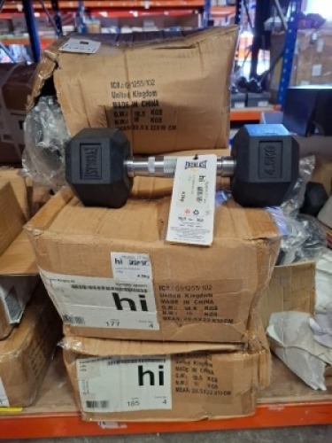 10 X BRAND NEW PAIRS OF EVERLAST DUMBBELL WEIGHTS IN SIZE 4.5 KG IN 5 BOXES (NOTE BOXES ARE ABIT DAMAGED)
