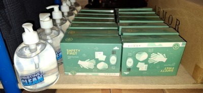 APPROX 150 X BRAND NEW SAFETY FIRST PROTECTION KITS BY ARMOR LONDON (IE. HAND SANITISER, DISPOSABLE GLOVES, WIPES, MASK) PLUS 6 X PRESTINE CLEAN HAND SANITISER WASH - IN 5 BOXES & LOOSE ON 2 SHELVES