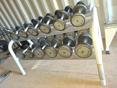 1 X DUMBBELL RACK WITH 12 TECHNO GYM DUMBBELLS TO INCLUDE 5KG, 6KG, 7KG, 8KG, 18KG AND 20KG