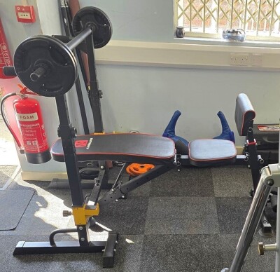 1 X MULTI-FUNCTION BENCH PRESS / DIPS RACK WITH BENCH AND WEIGHTS TO INCLUDE 7 X 5KG PLATES, 8 X 2.5KG PLATES, 8 X 1.25KG PLATES