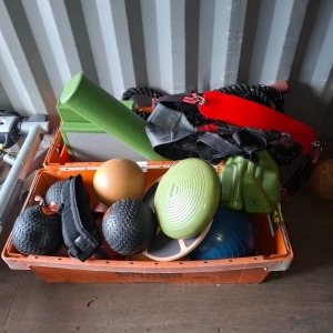30 PCS MIXED GYM LOT TO INCLUDE METAL RACKS, WILSON BASKETBALL, ABDOMINAL ROLLER, LONSDALE 5KG MEDICINE BALL, GYM MAT, FOOTBALL CONES, TECHNO GYM BALANCE BALL, GYM ROPES, 15KG VEST ETC