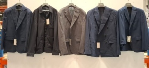 5 X BRAND NEW MIXED DAN JOHN SUIT BLAZER LOT TO INCLUDE 3X GIACCA COMP BLUE BLAZERS SIZE 46-56 - 1X GIACCA GREY BLAZERS SIZE 56 - 1X DAN JOHN OVERSHIRT IN NAVY SIZE L