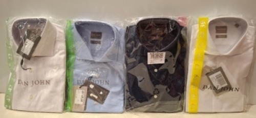 20 X BRAND NEW MIXED DAN JOHN SHIRT LOT TO INCLUDE PIQUET WHITE SHIRTS - CAMICIA WHITE SHIRTS - OXFORD WHITE SHIRTS - CAMICIA BLUE SHIRTS IN SIZES 41-44-45 ETC RRP&pound;39.99