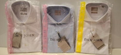 20 X BRAND NEW MIXED DAN JOHN SHIRT LOT TO INCLUDE PIQUET WHITE SHIRTS - CAMICIA WHITE SHIRTS - OXFORD WHITE SHIRTS - CAMICIA BLUE SHIRTS IN SIZES 39-40-41 ETC RRP&pound;39.99