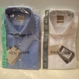 20 X BRAND NEW MIXED DAN JOHN SHIRT LOT TO INCLUDE PIQUET WHITE SHIRTS - CAMICIA WHITE SHIRTS - OXFORD WHITE SHIRTS - CAMICIA BLUE SHIRTS IN SIZES 39-42-45 ETC RRP£39.99