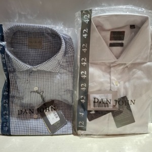 20 X BRAND NEW MIXED DAN JOHN SHIRT LOT TO INCLUDE PIQUET WHITE SHIRTS - PIQUET BLUE SHIRTS - CAMICIA FLANNEL CHECK SHIRTS ETC IN SIZES 39-42-43 ETC RRP-£39.99 PP