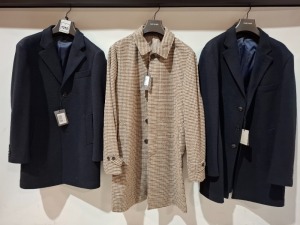 3 X BRAND NEW MIXED DAN JOHN COATS/JACKETS LOT TO INCLUDE 2X CAPPOTTO MONOPETTO NAVY JACKETS SIZES 44-60 - £179.99 PP - 1X CAPPOTTO MONOPETTO BROWN JACKETS IN SIZES 56 - £159.99