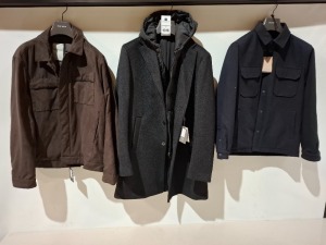 3 X BRAND NEW MIXED DAN JOHN COATS/JACKETS LOT TO INCLUDE1X COPPOTTO MONOPETTO BLACK JACKET SIZE 56 £189.99 - TRAPUNTATA NAVY OVERSHIRT SIZE M £129.00 - 1X GIUBOTTO ECOSUEDE BROWN JACKET SIZE 3XL - £119.00