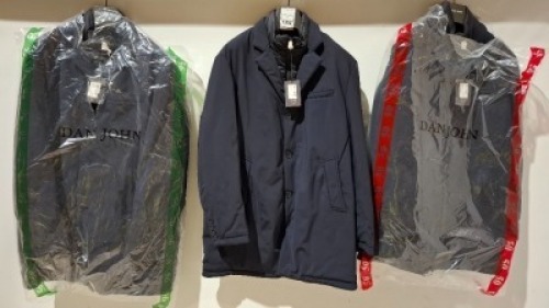 3 X BRAND NEW DAN JOHN CAPOTTO TECNICO NAVY COATS IN SIZES 50-54-56 - &pound;139.99 PP