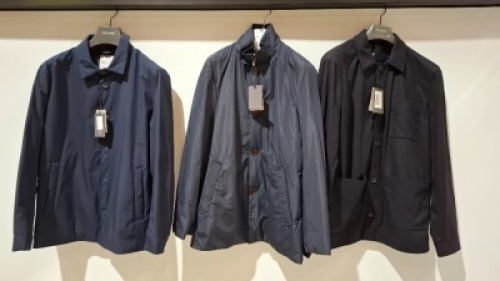 3 X BRAND NEW MIXED DAN JOHN CLOTHING LOT TO INCLUDE 1X CAPO SPALLA TRENCH COAT IN NAVY SIZE M - &pound;179.99 - 1X JERSEY OVERSHIRT IN NAVY SIZE 2XL - &pound;159.99 - 1X TECNICO TRENCH COAT IN NAVY SIZE XL - &pound;79.99