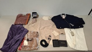 20 X BRAND NEW PIECE MIXED DAN JOHN CLOTHING LOT TO INCLUDE WALLETS - TURTLE NECK JUMPERS - CORDROY PANTS - BELTS - 3 PACK OF SOCKS - WHITE TROUSERS ETC