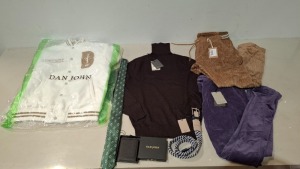 20 X BRAND NEW PIECE MIXED DAN JOHN CLOTHING LOT TO INCLUDE TIES - BELTS - BOMBER JUMPERS - KNITTED VESTS - TURTLE NECK JUMPERS - CARD HOLDERS ETC