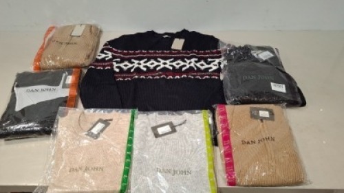 15 X BRAND NEW PIECE MIXED DAN JOHN CLOTHING LOT TO INCLUDE 1/4 ZIP KNITTED JUMPERS - TURTLE NECK JUMPERS - CREW NECK KNITTED JUMPERS - ETC