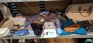 75 + PIECE BRAND NEW MIXED DAN JOHN LOT TO INCLUDE ECOMONTE JACKET - TURTLE NECK JUMPER - BEANIE HATS - GLOVES - TIES - TRAVEL BAG - BELTS - SOCKS - ETC ALL ON ONE SHELF