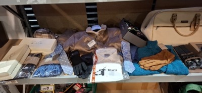 75 + PIECE BRAND NEW MIXED DAN JOHN LOT TO INCLUDE ECOMONTE JACKET - TURTLE NECK JUMPER - BEANIE HATS - GLOVES - TIES - TRAVEL BAG - BELTS - SOCKS - ETC ALL ON ONE SHELF